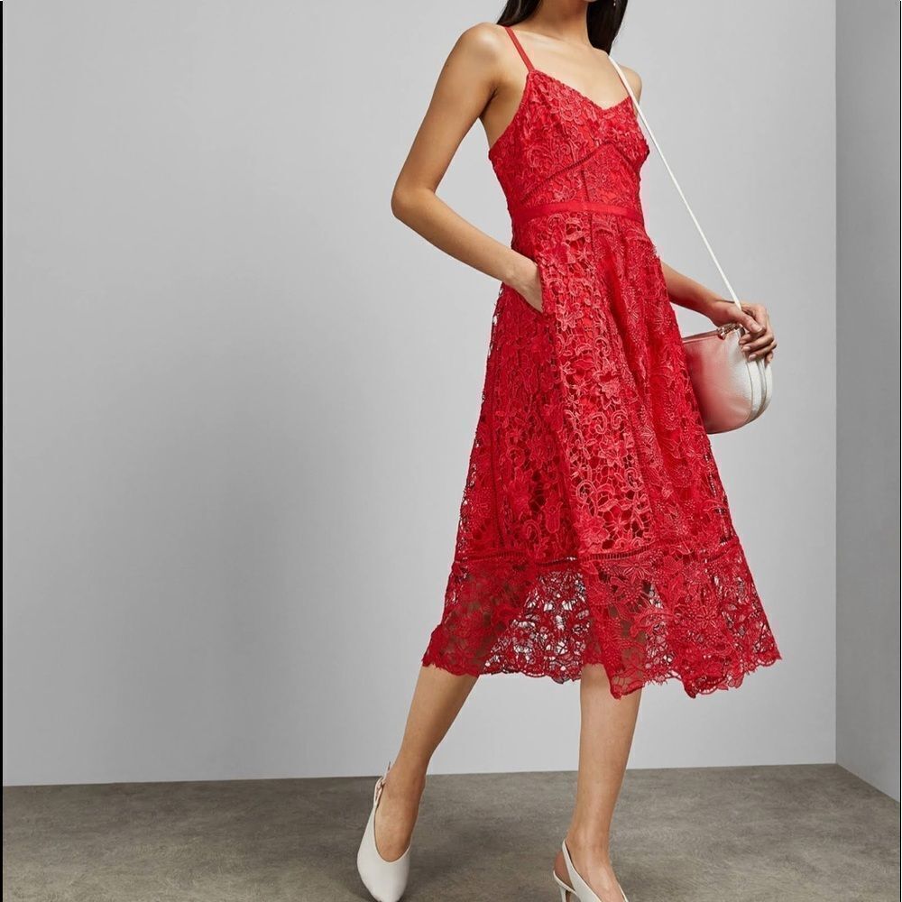 Ted Baker Red Lace Pocket Empire Waist valentines day dress US Size 2 NWT - Picture 5 of 17